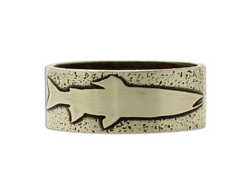 Single Trout Hand Etched Ring Inspired by Nature Antique Brass or Matte Silver Men's Ring