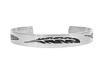 Feathers Matte Silver Cuff -  Men's Cuff - Women's Cuff