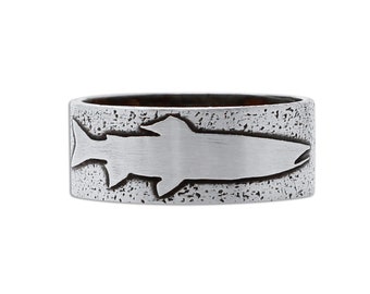 Single Trout Hand Etched Ring Inspired by Nature Antique Brass or Matte Silver