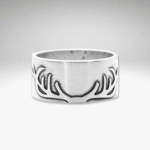 Antler Ring - simple pair of antlers on wide band - silver finger ring