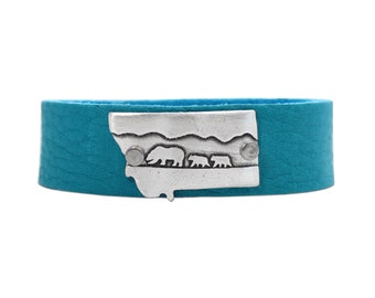 Mama and Cubs in Montana Leather Cuff Bracelet- 3/4" leather cuff. Matte brass or sterling over brass . For guys and gals