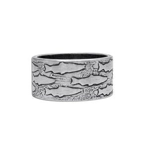 Fishing Around Salmon Hand Etched Ring Matte Silver or Antique Brass