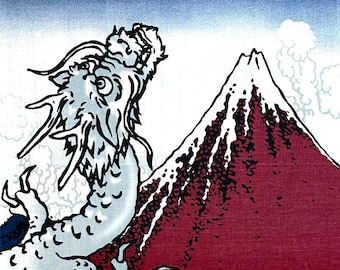 Mt. Fuji Dragon Maneki Neko Japanese Tenugui Art, Versatile Cotton Towel, Hand-Dyed and Made in Japan
