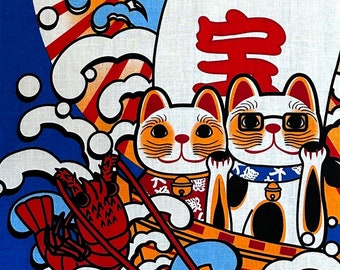 Big Catch Maneki Neko Japanese Tenugui Art, Versatile Cotton Towel, Hand-Dyed and Made in Japan