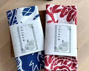 WABORI Tenugui Set (Blue Dragon x Red Centipede) Versatile Cotton Cloth, Tea Towel, Bandana, Traditional Chusen Hand-dyed in Japan