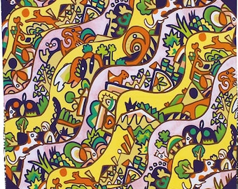 Op de afbeelding: Een kleurrijk, abstract patroon met een herhalend ontwerp van golvende lijnen, geometrische vormen en dierfiguren. Het patroon is voornamelijk geel, groen en roze met accenten in paars, oranje en bruin.