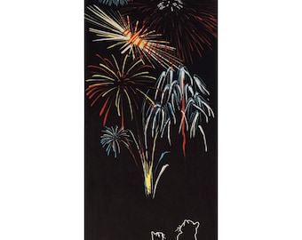 Hanabi and Cats Japanese Tenugui Art, Versatile Cotton Towel, Hand-Dyed and Made in Japan