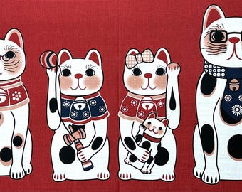 Family Maneki Neko Japanese Tenugui Art, Versatile Cotton Towel, Hand-Dyed and Made in Japan