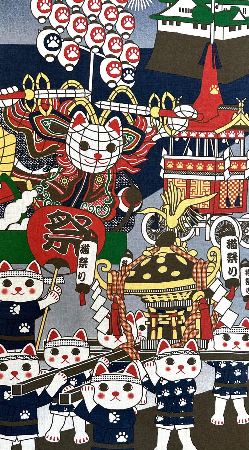 May include: A colorful illustration of a Japanese festival with white cats carrying a shrine. The cats are wearing blue and white clothing with paw prints. The shrine is decorated with red and gold accents. The background features a blue sky with white clouds and red lanterns.