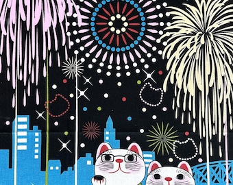 Neko Hanabi Maneki Neko Japanese Tenugui Art, Versatile Cotton Towel, Hand-Dyed and Made in Japan