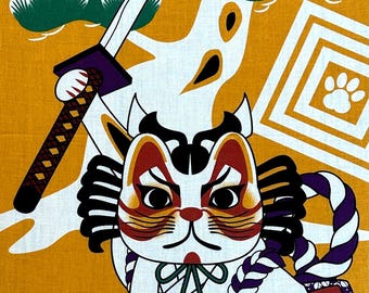 Kabuki Maneki Neko Japanese Tenugui Art, Versatile Cotton Towel, Hand-Dyed and Made in Japan