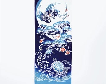 Crane & Turtle Under the Moon Japanese Tenugui Art, Versatile Cotton Towel, Hand-Dyed and Made in Japan