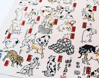 Kuniyoshi Utagawa Ukiyoe Collectable Tenugui, 53 Station of Tokaido, Kuniyoshi Cat, Cotton, Hand-dyed and Made in Japan