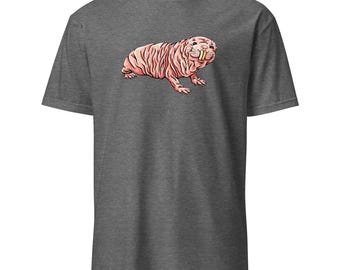 May include: A heather grey t-shirt with a cartoon illustration of a pink naked mole rat with large teeth.