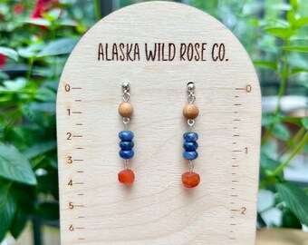 Dainty Unique Kyanite Cedar Carnelian Gemstone Sterling Silver Lightweight Stud Earrings