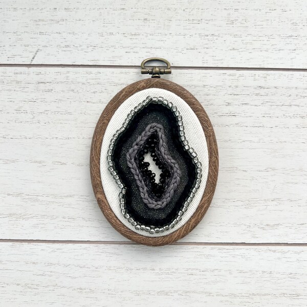 Midnight Black Sparkly Agate Slice Beaded Crystal Embroidery Wall Display Decor