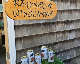 Hanging RedNeck Beer Can Handcrafted carved/etched stained Wooden 22" Windchime wind chime windchyme chyme