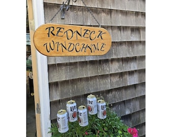 Hanging RedNeck Beer Can Handcrafted carved/etched stained Wooden 22" Windchime wind chime windchyme chyme