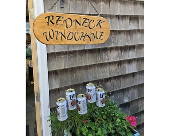 Hanging RedNeck Beer Can Handcrafted carved/etched stained Wooden 22" Windchime wind chime windchyme chyme