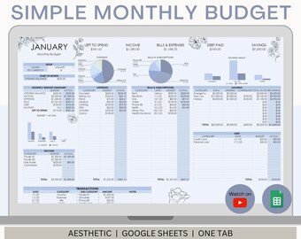 Monthly Budget Planner Google Sheet Template - Expense, Bill, Debt, Savings, Sinking Funds, Blue, Aesthetic, Finance Tracking Planning