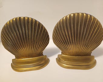 Vintage Solid Brass Scallop Shell (or Clam Shell) Bookends