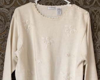 Vintage Liz Claiborne Collection knitted cotton white sweater with flower embroidery, size M