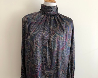 1980's TESS Multi color Dark Purple Paisley pattern High Neck satin blouse