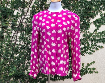 Gloria Sachs New York hot pink/fuchsia heart print crew neck blouse