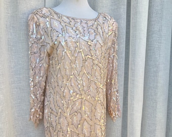 1990s O.R. Silk Fashions LTD. 100% silk pink blush flapper party dress with bead and sequin embellishment