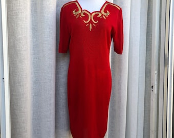 1990’s Rocco Barocco knitwear viscose shift dress short sleeves gold embroidery