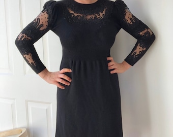1960's Black Boucle Knitted Sweater Dress By Pat Sandler For Wellmore, corded and illusion embroidery and applique. Size 4