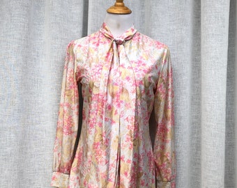 Vintage Sears floral button down collared blouse, Qiana nylon