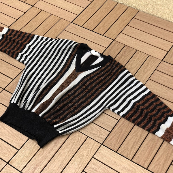 JOYCE 1980s Black brown silver Acrylic poly blend & Metallic Lurex Women's Vertical Stripe Pullover Sweater