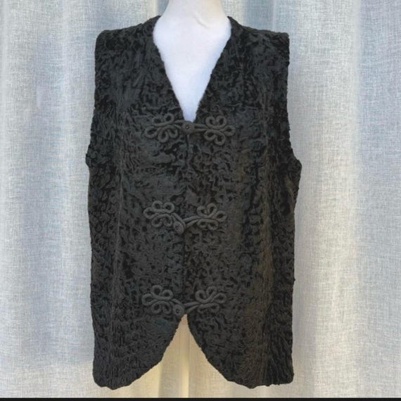 Vintage black astrakhan fur vest with frog closures