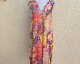 Sleeveless tropical floral purple green pink nylon lingerie mini dress