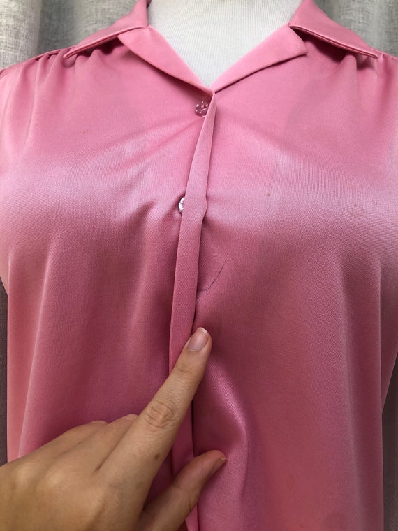 1960 pink stretch polyester button down short sle… - image 3