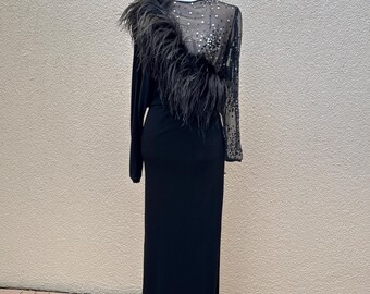 Victoria Royal Ltd. Black evening gown dress with sequins and shoulder feathers