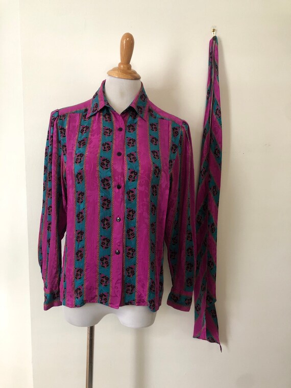 1980’s all silk floral magenta and teal striped n… - image 6
