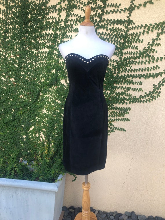 1990's Black Suede Leather Lauren Alexandra Strapless Mini Bodycon Studded  Dress - Etsy Norway