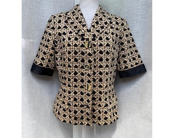 Vtg Rickie Freeman for Teri Jon jacket short sleeve blazer black tan wicker