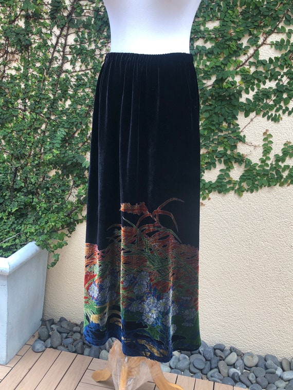Harari 1980s Black velvet floral design maxi skirt