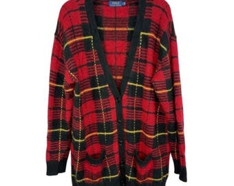 Polo Ralph Lauren red plaid tartan angora wool knitted cardigan