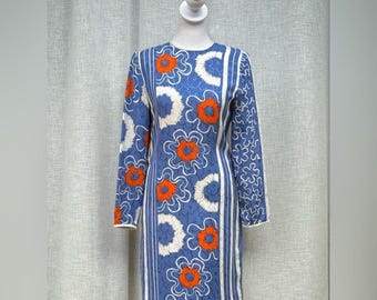 Vintage Long sleeve shift brocade blue orange silk mini dress