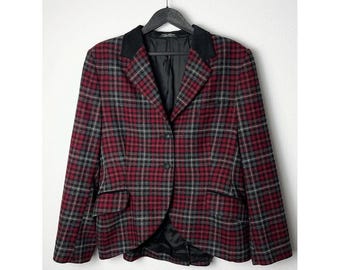 Laura Ashley blazer red and grey tartan plaid black suede collar peplum bottom