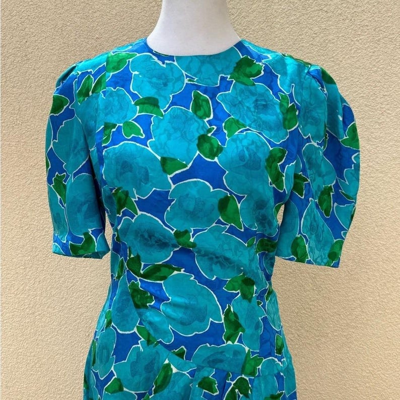 Vintage Adrianna Papell blue and green floral silk brocade dress image 4