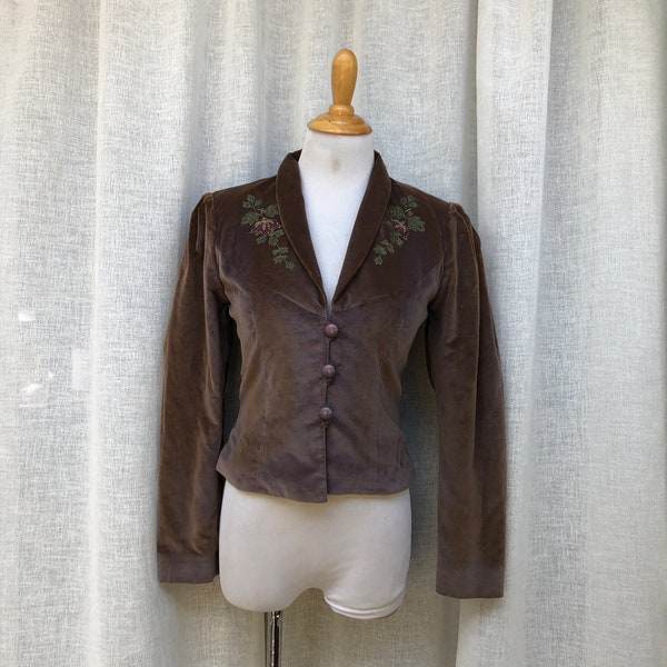 Dorothy Schoelen purple and brown iridescent sheen velvet blazer, Tirol style jacket with floral embroidery