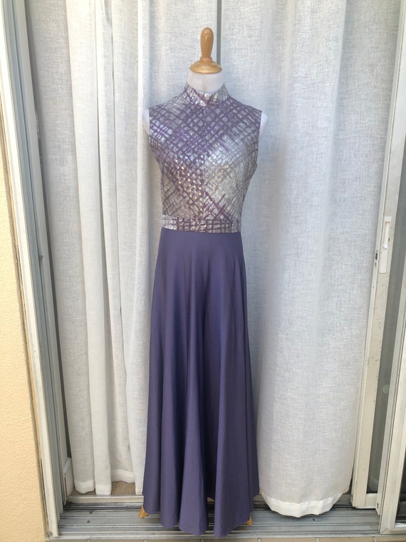 60s Sparkle Maxi Dress, Abstract Floral Peach/Purple Party Dress XS
