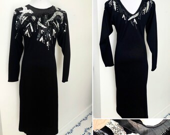 Moonglow Knits 1990's Black Wool Acrylic Knitted Sweater Dress with sequin  & bead embroidery and applique. Size S