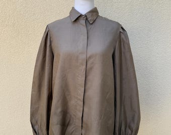 JH Collections Victorian Style Stand Collar Long Sleeve Blouse in Warm Brown Color