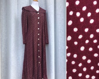 1980's Ellen Ashley burgundyand white polka dot long sleeve button down shirt dress with a large collar